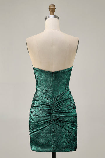 Strapless Green Bodycon Ruched Short Homecoming Dress with Beading